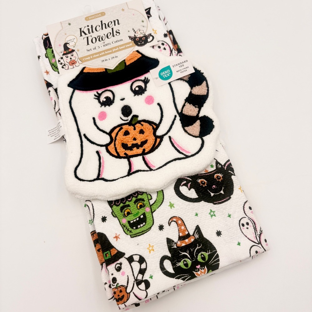 En Vogue Halloween Kitchen Towels Set of 3 Ghost Cat Pumpkin Waffle Weave NEW
